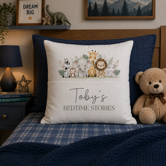 Personalised Safari Animals Book Cushion Cover | Bedtime Stories | Pocket Pillow | Gift For Boys, Son, Grandson, Nephew