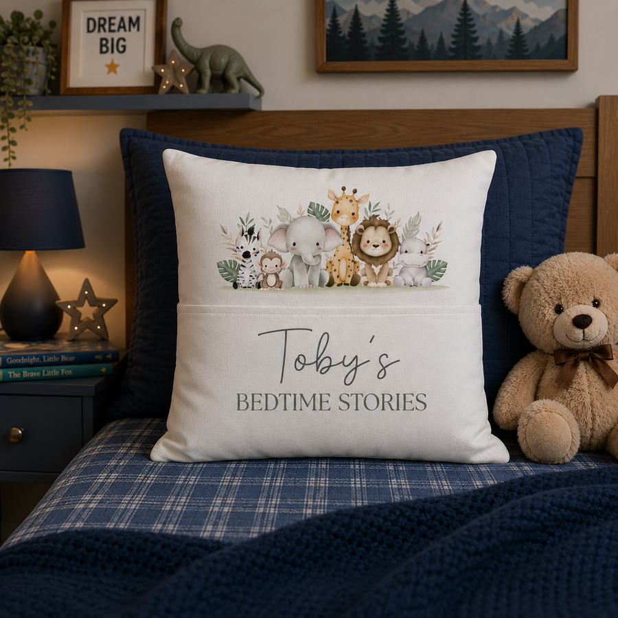 Personalised Safari Animals Book Cushion Cover | Bedtime Stories | Pocket Pillow | Gift For Boys, Son, Grandson, Nephew
