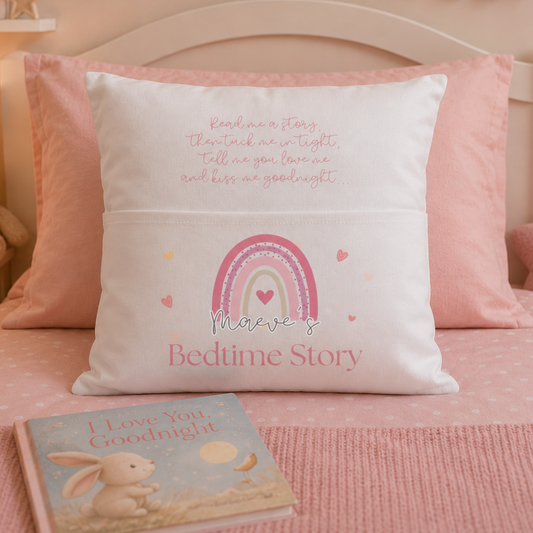 Personalised Pink Rainbow Book Cushion Cover | Bedtime Stories | Pocket Pillow | Gift For Girls, Daughter, Granddaughter, Niece