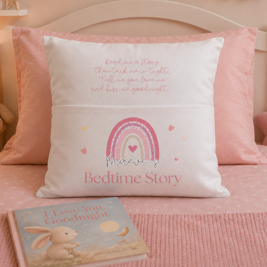 Personalised Pink Rainbow Book Cushion Cover | Bedtime Stories | Pocket Pillow | Gift For Girls, Daughter, Granddaughter, Niece