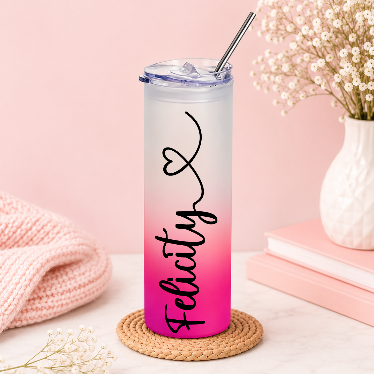 Personalised Frosted Glass Tumbler | Pink Gradient