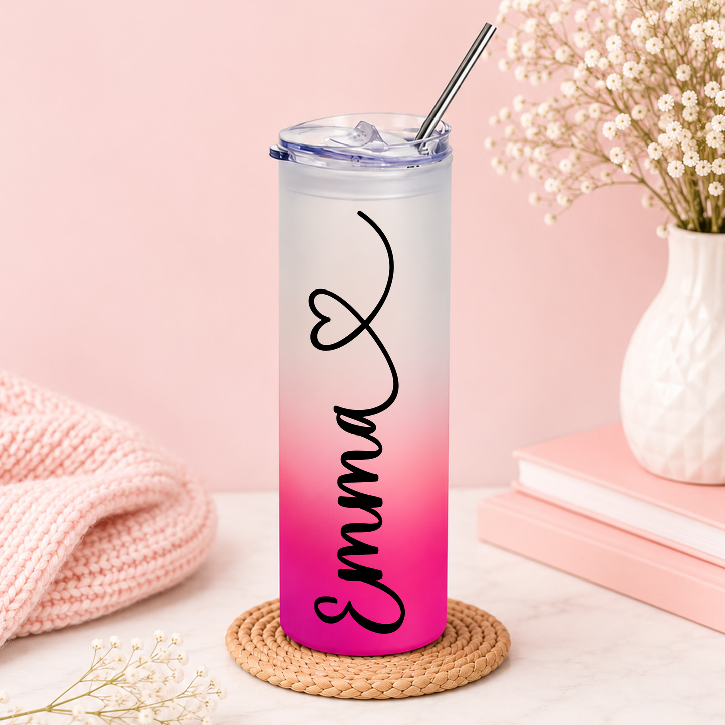 Personalised Frosted Glass Tumbler | Pink Gradient