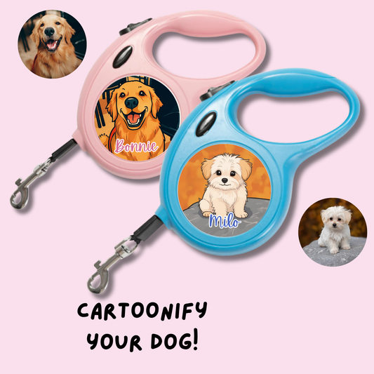 Cartoon Photo Retractable Dog Lead – Custom Name Pet Leash (5m) – Pink or Blue